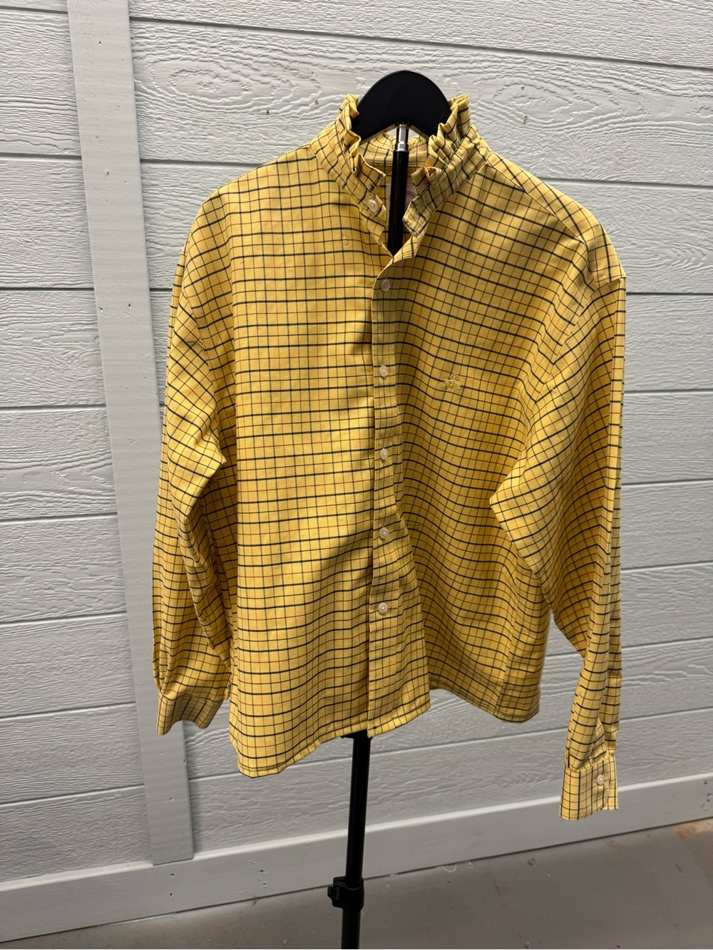 Reimagined men’s  Checked Button-Up Shirt for women. Ruffled collar